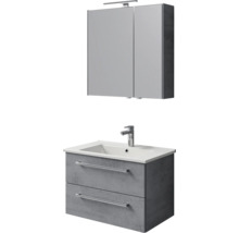 Badkamerset bestaande uit een grijze wastafelonderkast in betonlook, witte wastafel met kraan en een spiegelkast met verlichting.