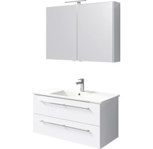 Witte badkamermeubelset met hangende wastafelonderkast met twee lades, wastafel inclusief kraan en spiegelkast met verlichting.