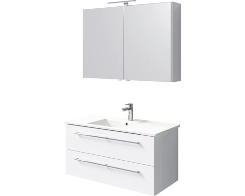 Witte badkamermeubelset met hangende wastafelonderkast met twee lades, wastafel inclusief kraan en spiegelkast met verlichting.