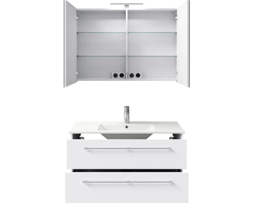 Badkamermeubelset met wastafel, kraan, onderkast met twee laden en spiegelkast met glazen legplanken.