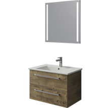 Badkamermeubelset met wastafelonderkast in houtlook, twee laden, witte wastafel en badkamerspiegel met ledverlichting.