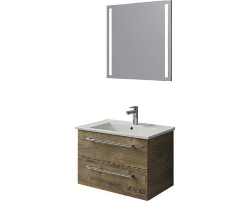 Badkamermeubelset met wastafelonderkast in houtlook, twee laden, witte wastafel en badkamerspiegel met ledverlichting.