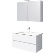 Witte badkamermeubelset: spiegelkast met verlichting, wastafelonderkast met twee laden, wasbak en kraan.