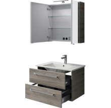 Badmeubelset met spiegelkast inclusief glazen planken en stopcontact, en een wastafelonderkast met twee laden in houtlook.