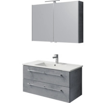 Moderne badkamermeubelset bestaande uit een spiegelkast met ledverlichting en een wastafelmeubel met twee laden in betonlook grijs.