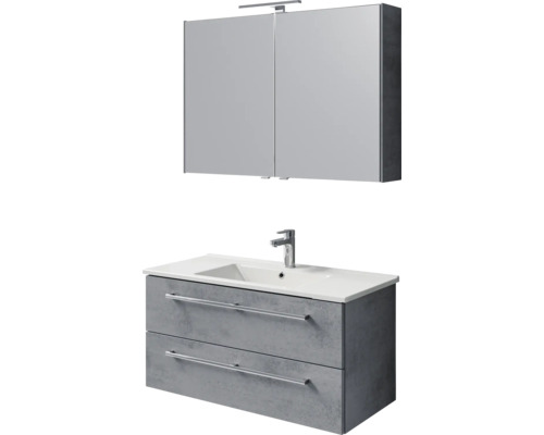 Moderne badkamermeubelset bestaande uit een spiegelkast met ledverlichting en een wastafelmeubel met twee laden in betonlook grijs.