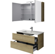 Badkamermeubelset met spiegelkast inclusief verlichting en wastafelonderkast in eikenlook met twee laden en een kraan.