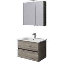 Badkamermeubelset met spiegelkast inclusief verlichting, wastafelonderkast in houtlook, witte keramische wastafel en verchroomde kraan.