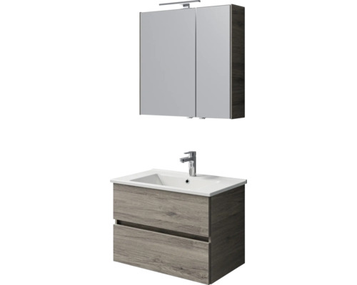 Badkamermeubelset met spiegelkast inclusief verlichting, wastafelonderkast in houtlook, witte keramische wastafel en verchroomde kraan.