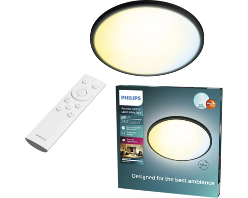 Philips LED plafondlamp Valen zwart met afstandsbediening, 2900 lumen, 22 watt, dimbaar, diameter 421 millimeter.