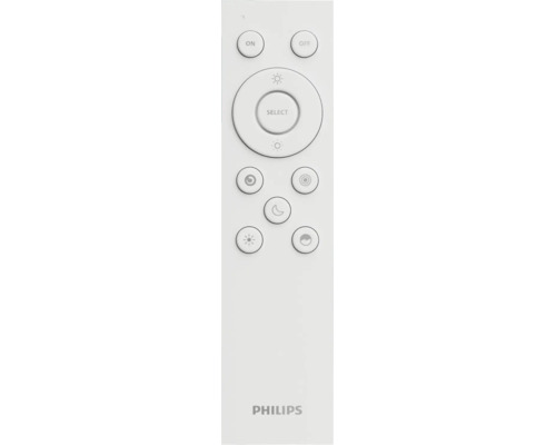 Philips afstandsbediening voor slimme verlichting, Philips Logo, knoppen voor aan, uit, helderheid en lichtscènes.