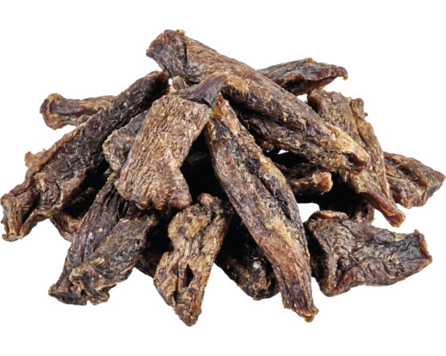 Gedroogde vleesstrips als hondensnack en kauwartikel.