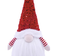 Kerstkabouter met pailletten muts, witte baard en gestreepte armen.