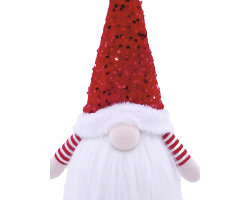 Kerstkabouter met pailletten muts, witte baard en gestreepte armen.