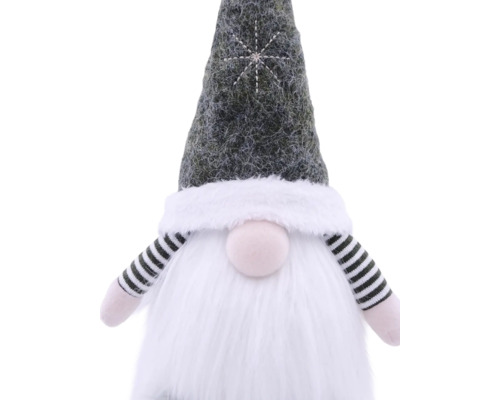 Kerstkabouter met grijze vilten muts, witte geborduurde sneeuwvlok, witte pluche baard en zwart-wit gestreepte armen.