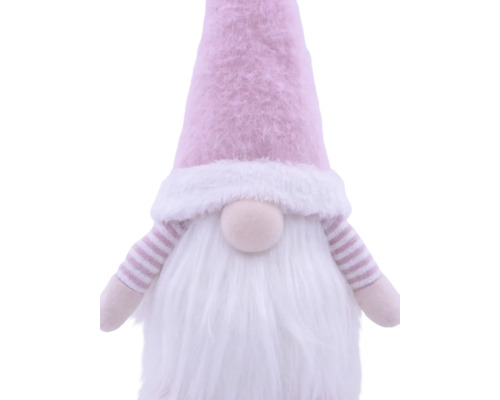 Roze stoffen kerstkabouter met puntmuts en witte baard.