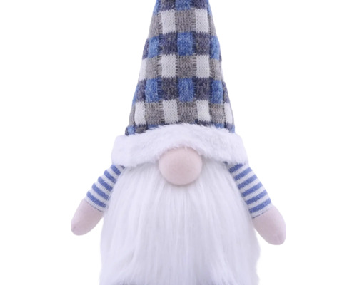 Kerstkabouter met geblokte puntmuts, lange witte baard en gestreepte armen.