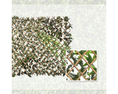 Uitschuifbaar houten trellisscherm met kunstmatige bladeren en detailweergave van de bladeren.