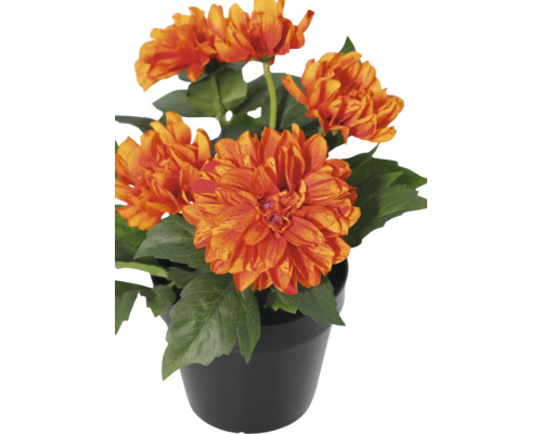 Kunstmatige dahlia in een zwarte kunststof pot met oranje bloemen en groene bladeren.