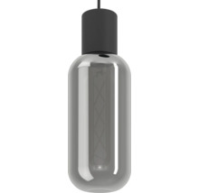 Cilindrische LED filament lamp met rookglas en zwarte fitting.