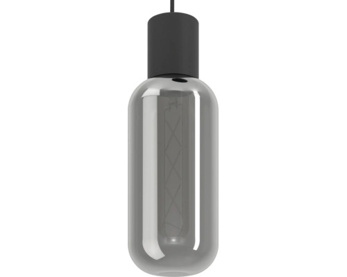 Cilindrische LED filament lamp met rookglas en zwarte fitting.