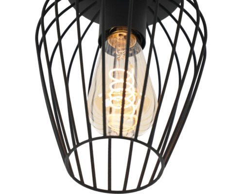 Detailopname van een zwarte metalen draadkorflamp met een verlichte decoratieve lamp met spiraalfilament.