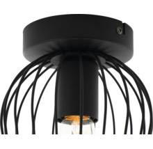 Moderne plafondlamp in industriële stijl met zwart metalen draadkorf en cilindrische fitting.