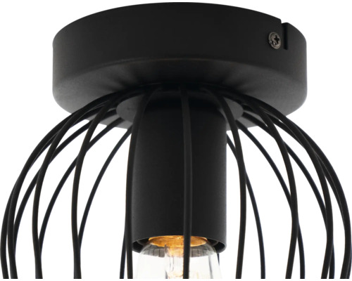 Moderne plafondlamp in industriële stijl met zwart metalen draadkorf en cilindrische fitting.
