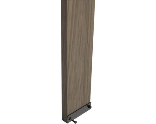 Houten plank met metalen montageclip en schroeven.