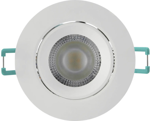 Ronde witte LED inbouwspot met kantelbare inzet en montageklemmen.