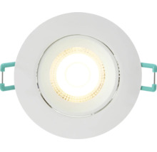 Ronde LED-inbouwspot met witte buitenring en montageveren aan de zijkanten voor plafondmontage.