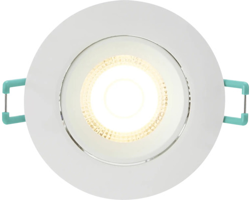 Ronde LED-inbouwspot met witte buitenring en montageveren aan de zijkanten voor plafondmontage.