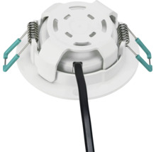 Achteraanzicht van een LED-inbouwspot met metalen montageveren en een zwarte aansluitkabel.