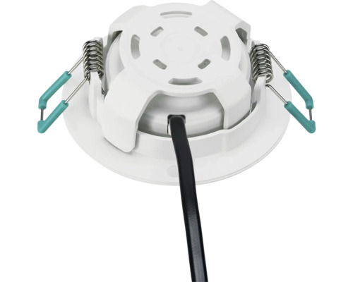 Achteraanzicht van een LED-inbouwspot met metalen montageveren en een zwarte aansluitkabel.