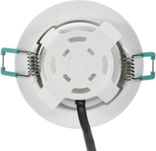 Achteraanzicht van een ronde LED inbouwspot met twee veerklemmen voor bevestiging en een zwarte aansluitkabel.
