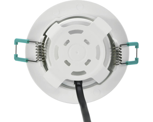 Achteraanzicht van een ronde LED inbouwspot met twee veerklemmen voor bevestiging en een zwarte aansluitkabel.