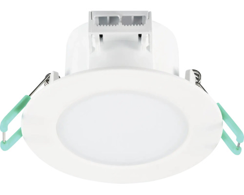 Ronde LED-inbouwspot met wit frame, diffuse afdekking en klemveren voor plafondmontage.