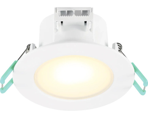 LED-inbouwspot in wit met veerklemmen voor plafondmontage, rond design.