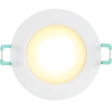 Ronde, witte LED inbouwspot met warm wit licht en montageveren aan de zijkant.