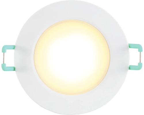 Ronde, witte LED inbouwspot met warm wit licht en montageveren aan de zijkant.