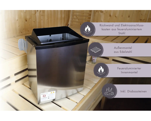 Saunaoven van roestvrij staal met binnenmantel van gealuminiseerd staal en diabaasstenen in een houten sauna.