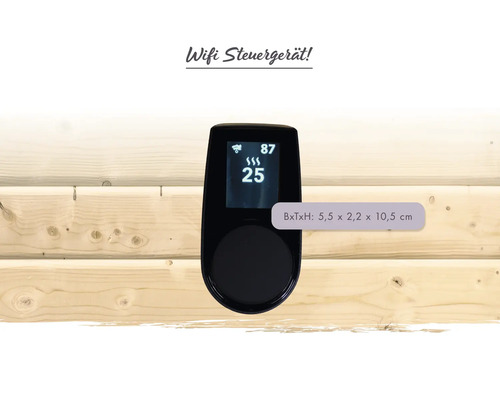 Wifi-bedieningspaneel voor de sauna, breedte 5,5 bij diepte 2,2 bij hoogte 10,5 centimeter, gemonteerd op een houten wand.