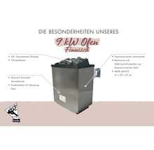 Karibu 9 kilowatt Finse saunaoven van roestvrij staal inclusief saunastenen, TÜV-gecertificeerd, afmetingen 41 bij 50 bij 37 centimeter.