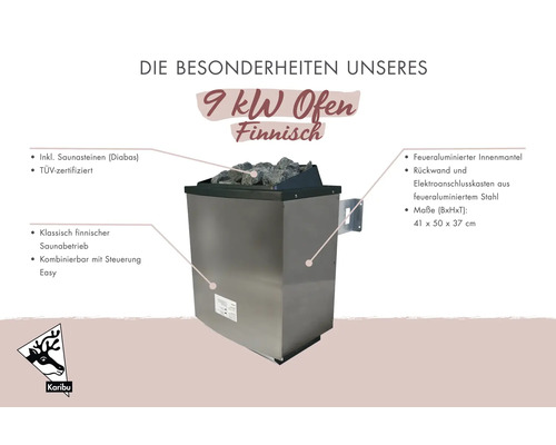 Karibu 9 kilowatt Finse saunaoven van roestvrij staal inclusief saunastenen, TÜV-gecertificeerd, afmetingen 41 bij 50 bij 37 centimeter.