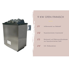 Finse saunakachel 9 kilowatt met roestvrijstalen buitenmantel en diabaasstenen.