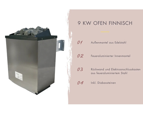 Finse saunakachel 9 kilowatt met roestvrijstalen buitenmantel en diabaasstenen.