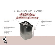 Karibu 9 kilowatt saunaoven met geïntegreerde besturing, saunastenen, TÜV-gecertificeerd, afmetingen 41 bij 50 bij 37 centimeter. Karibu Logo