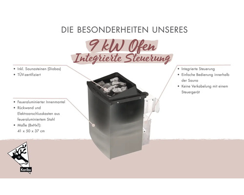 Karibu 9 kilowatt saunaoven met geïntegreerde besturing, saunastenen, TÜV-gecertificeerd, afmetingen 41 bij 50 bij 37 centimeter. Karibu Logo
