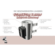 Karibu saunaoven Plug and Play 3,6 kilowatt met geïntegreerde besturing, tijdschakelaar en saunastenen inclusief technische details en Karibu Logo.