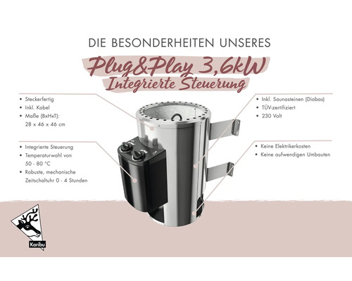 Karibu saunaoven Plug and Play 3,6 kilowatt met geïntegreerde besturing, tijdschakelaar en saunastenen inclusief technische details en Karibu Logo.